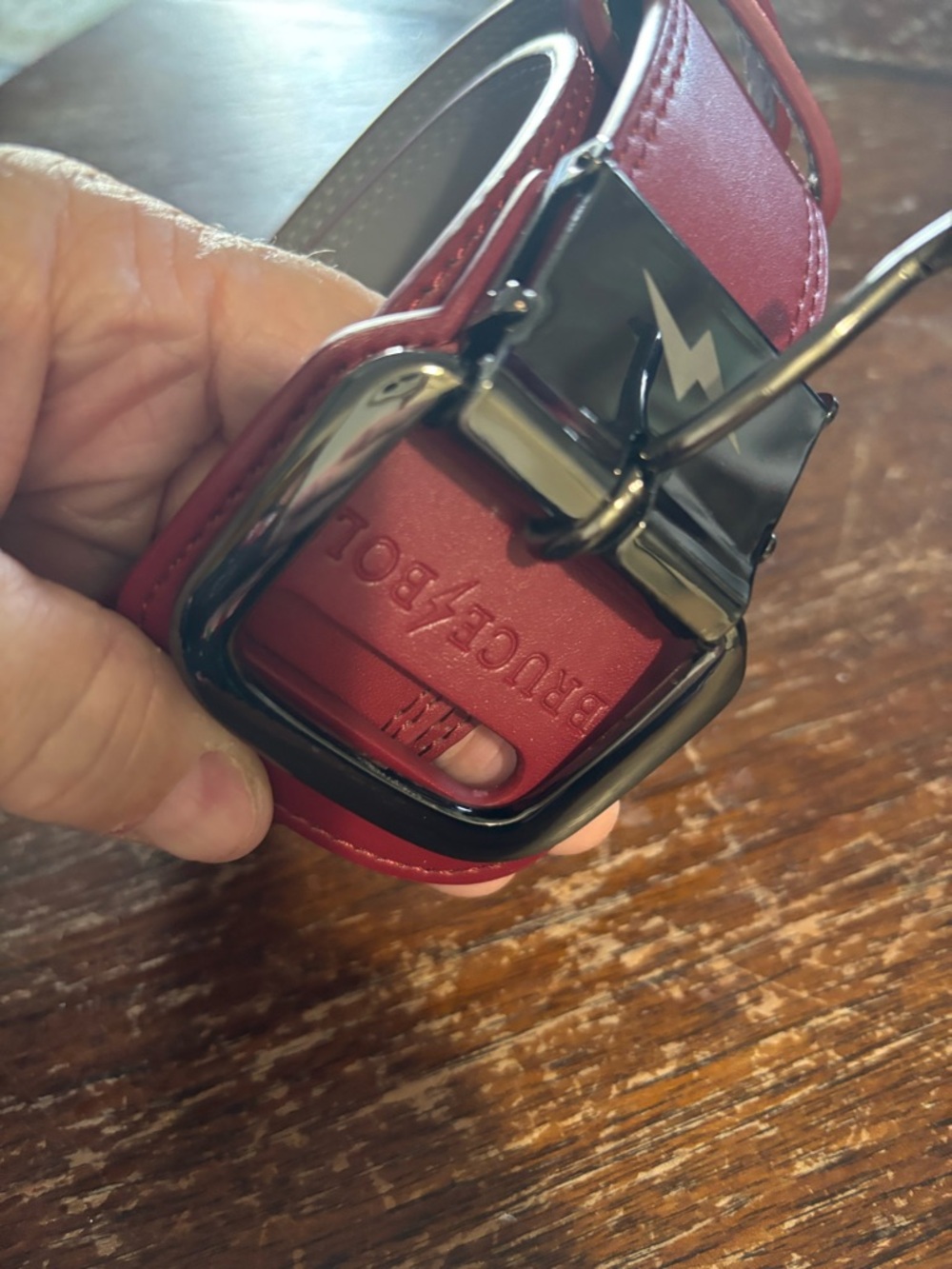 Bruce Bolt Red Leather Belt with Black Buckle